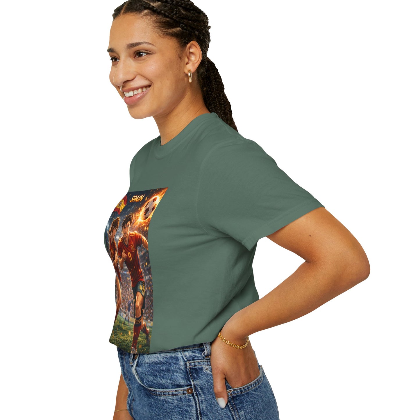 Spain Soccer Graphic T-Shirt — Retro Match Scene with Flag