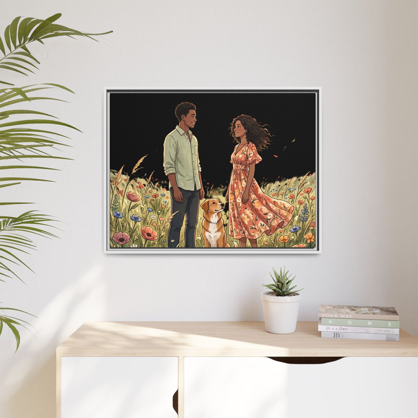Framed Matte Canvas Print — Romantic Couple in Wildflower Field (Multi‑Color)