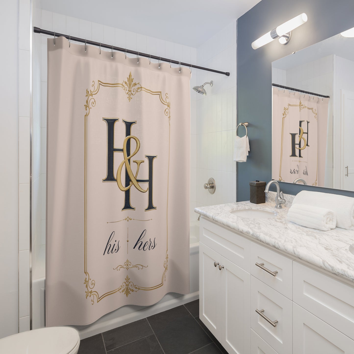 His & Hers Monogram Shower Curtain – Elegant Blush and Gold Bathroom Decor