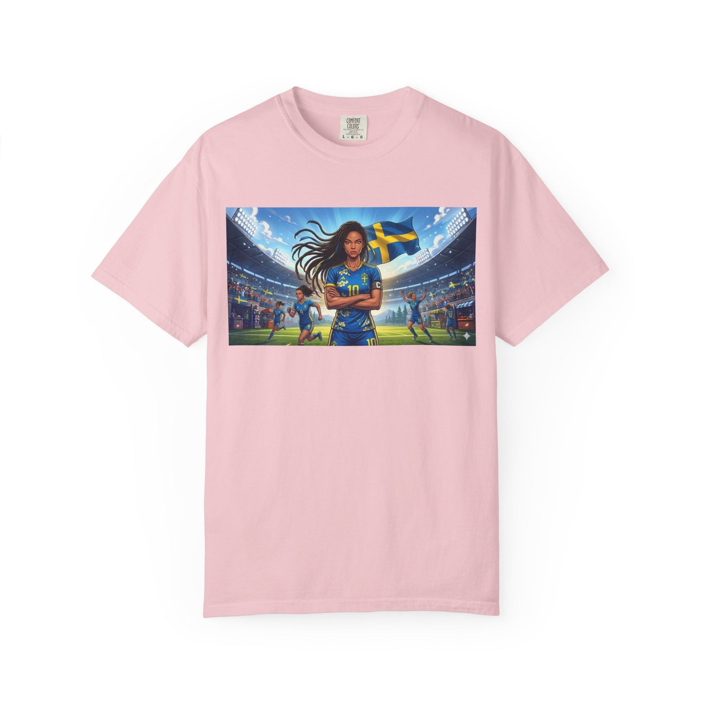 Swedish Soccer Pride T-Shirt — Female Footballer with Flag Stadium Design
