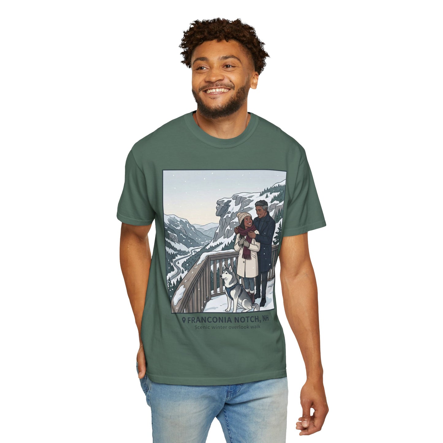 Franconia Notch NH Winter View T-Shirt — Scenic Couple & Husky Travel Tee