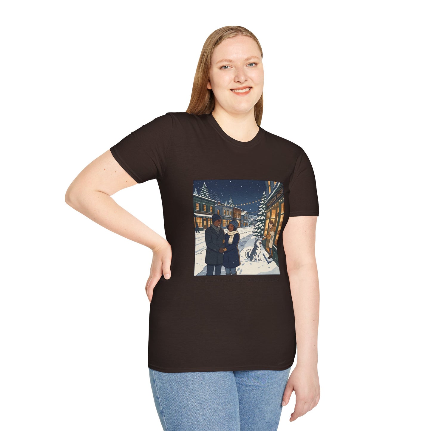 Winter String Lights Stroll T-Shirt — Cozy Holiday Street Scene Graphic Tee