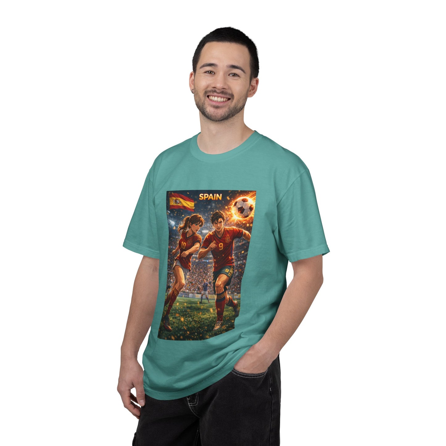 Spain Soccer Graphic T-Shirt — Retro Match Scene with Flag