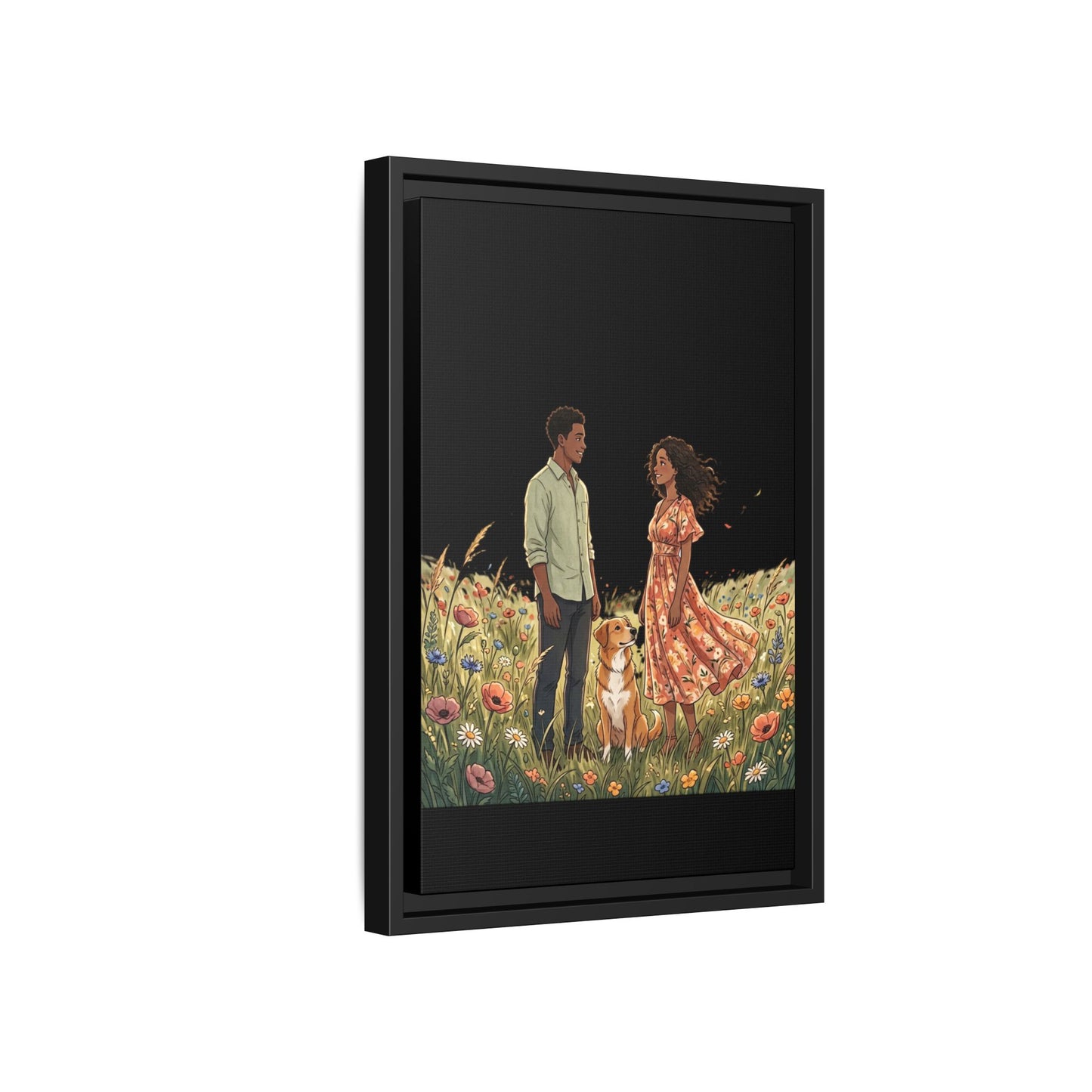 Framed Matte Canvas Print — Romantic Couple in Wildflower Field (Multi‑Color)