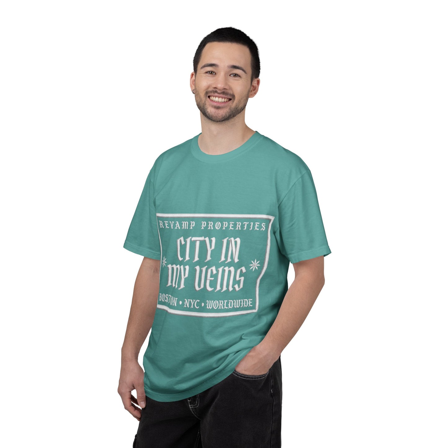 City In My Veins T‑Shirt — Vintage Cityscape Tee (Boston • NYC • Manchester)