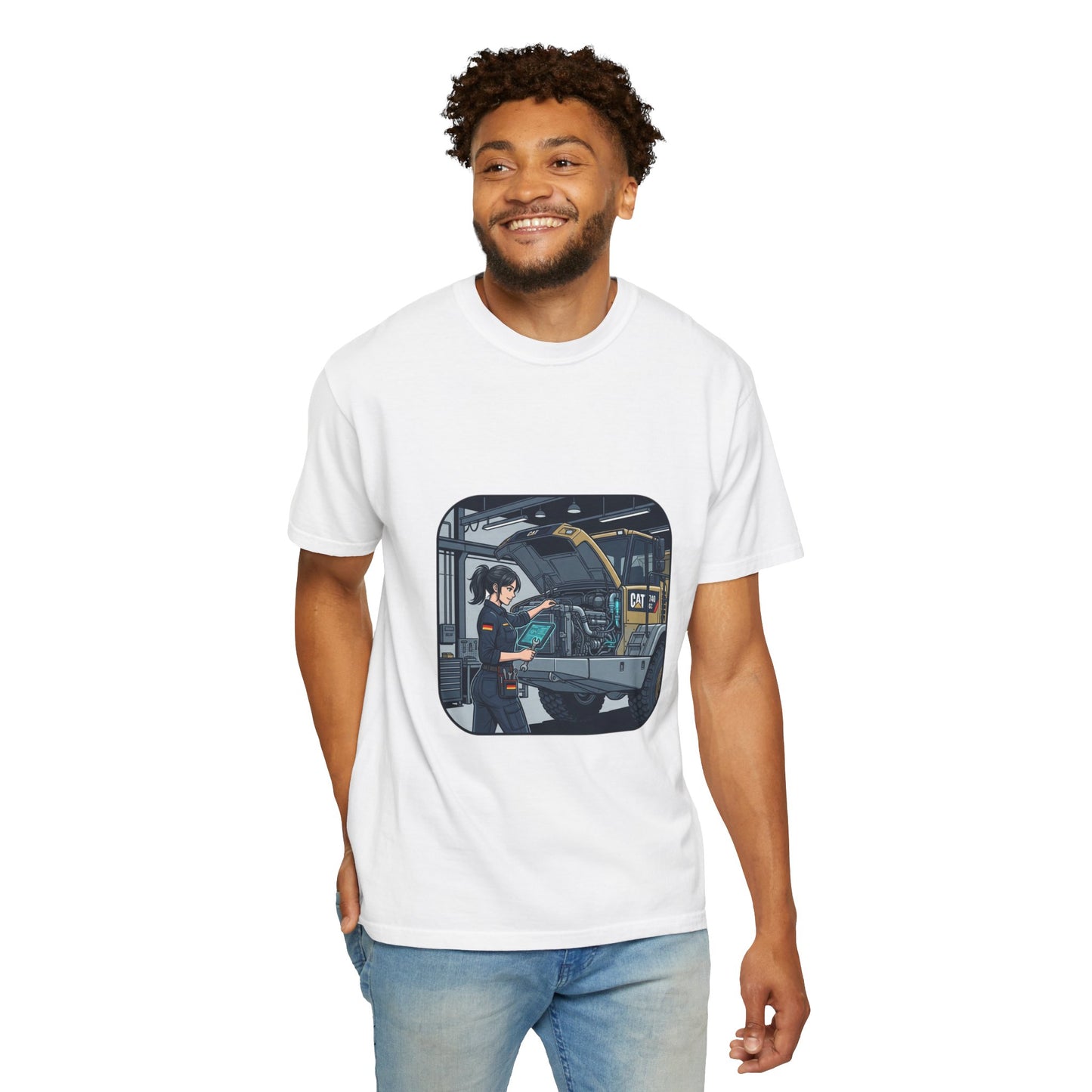 Mechanic Garage Scene T-Shirt — Vintage Truck Repair Illustration