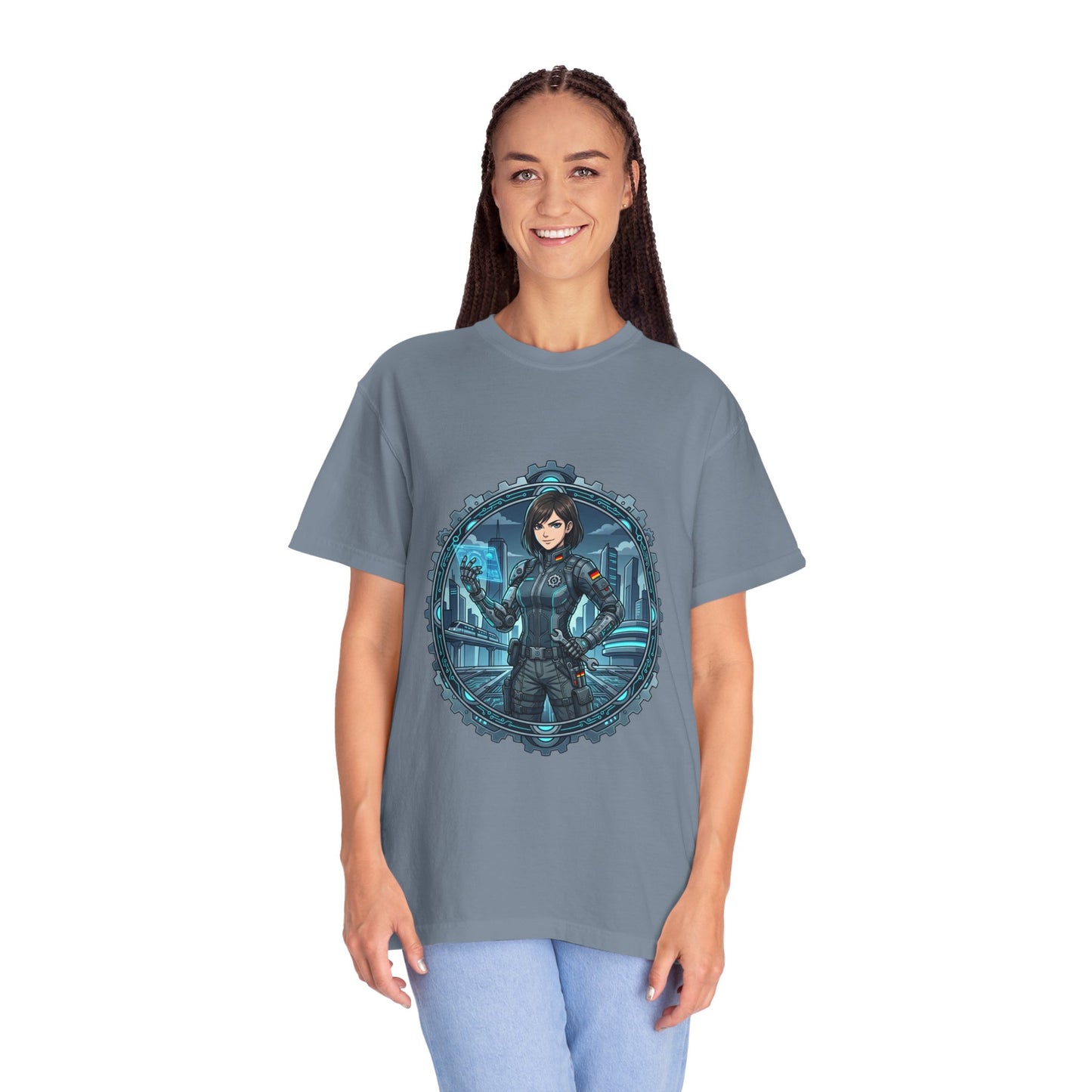 Cyber Ninja Graphic T-Shirt — Futuristic Female Warrior Illustration