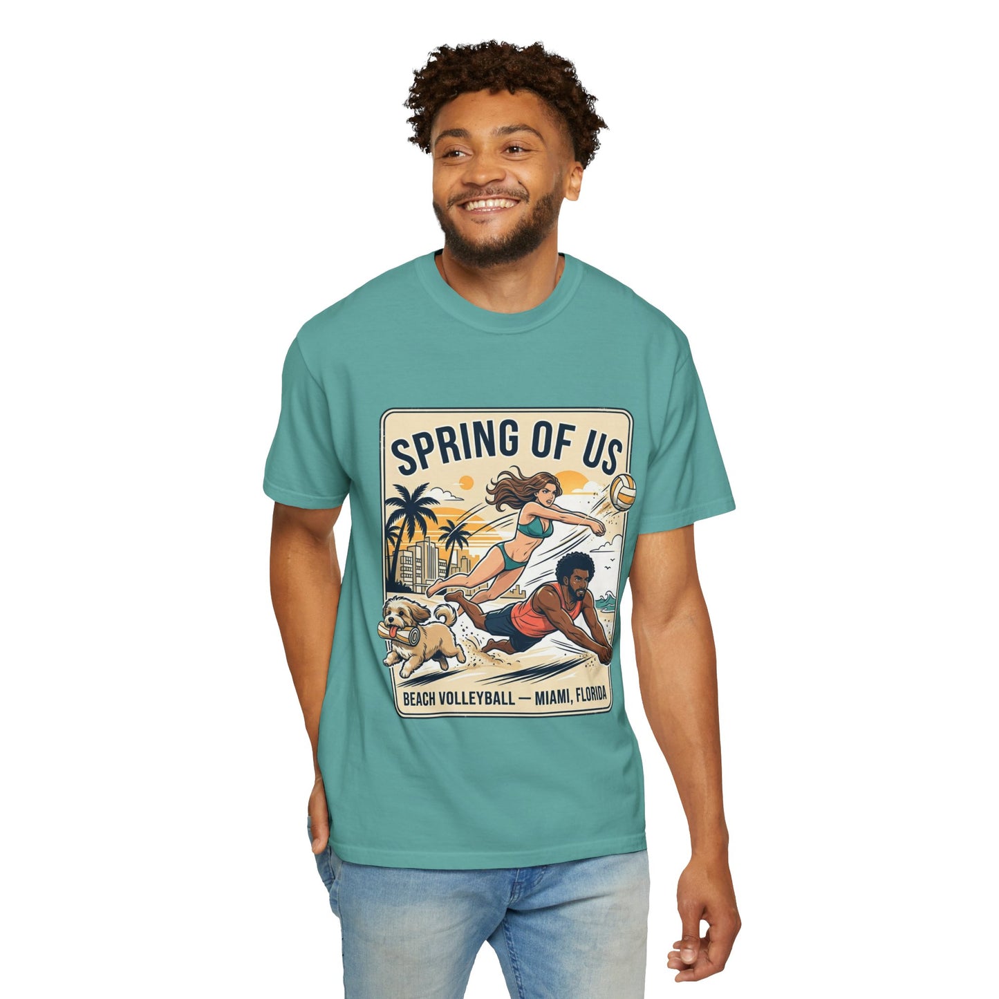 Spring of Us Beach Volleyball T-Shirt — Miami, Florida Retro Sun & Palm Tee