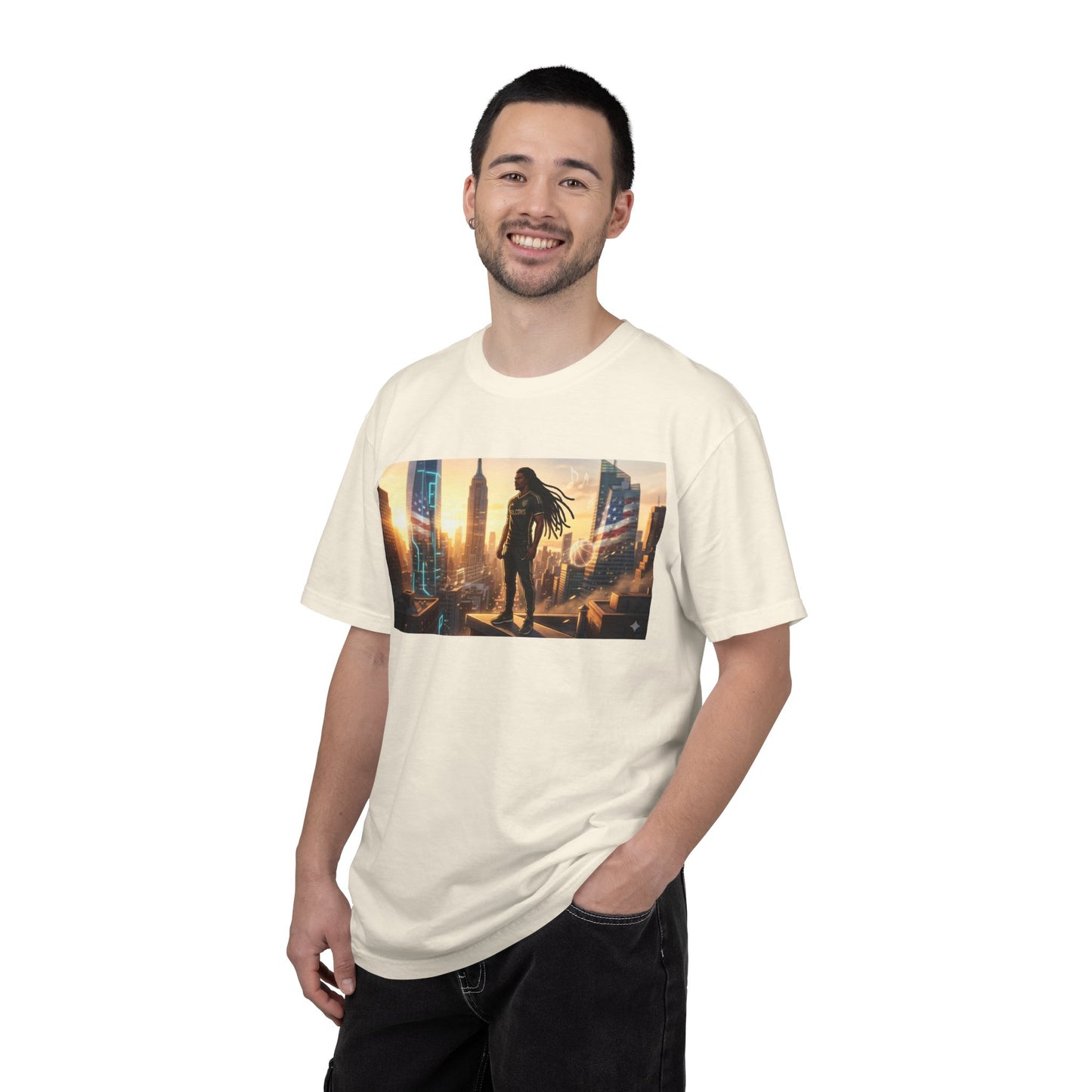 Cyberpunk Cityscape T-Shirt — Silhouette Hero at Sunset