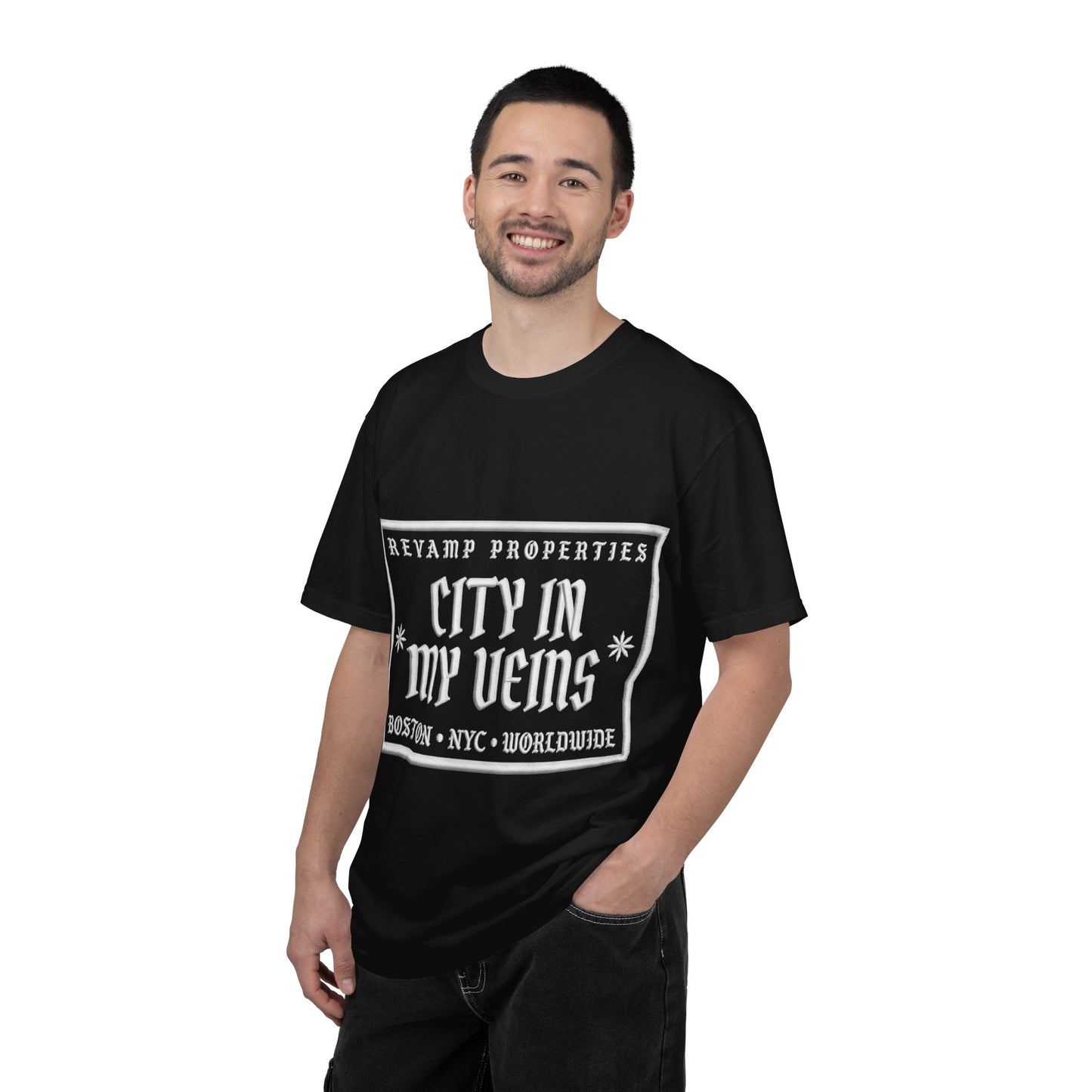 City In My Veins T‑Shirt — Vintage Cityscape Tee (Boston • NYC • Manchester)