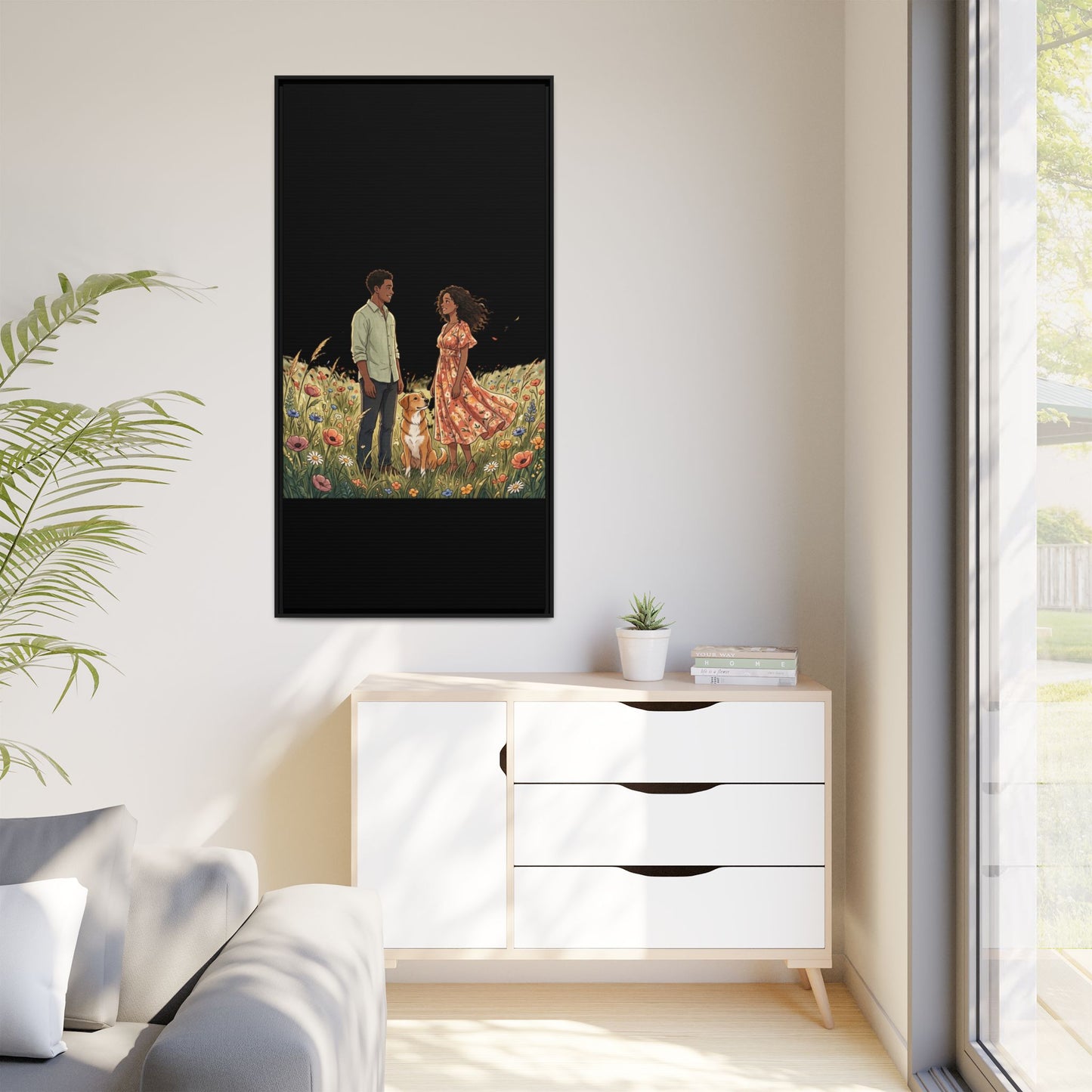 Framed Matte Canvas Print — Romantic Couple in Wildflower Field (Multi‑Color)