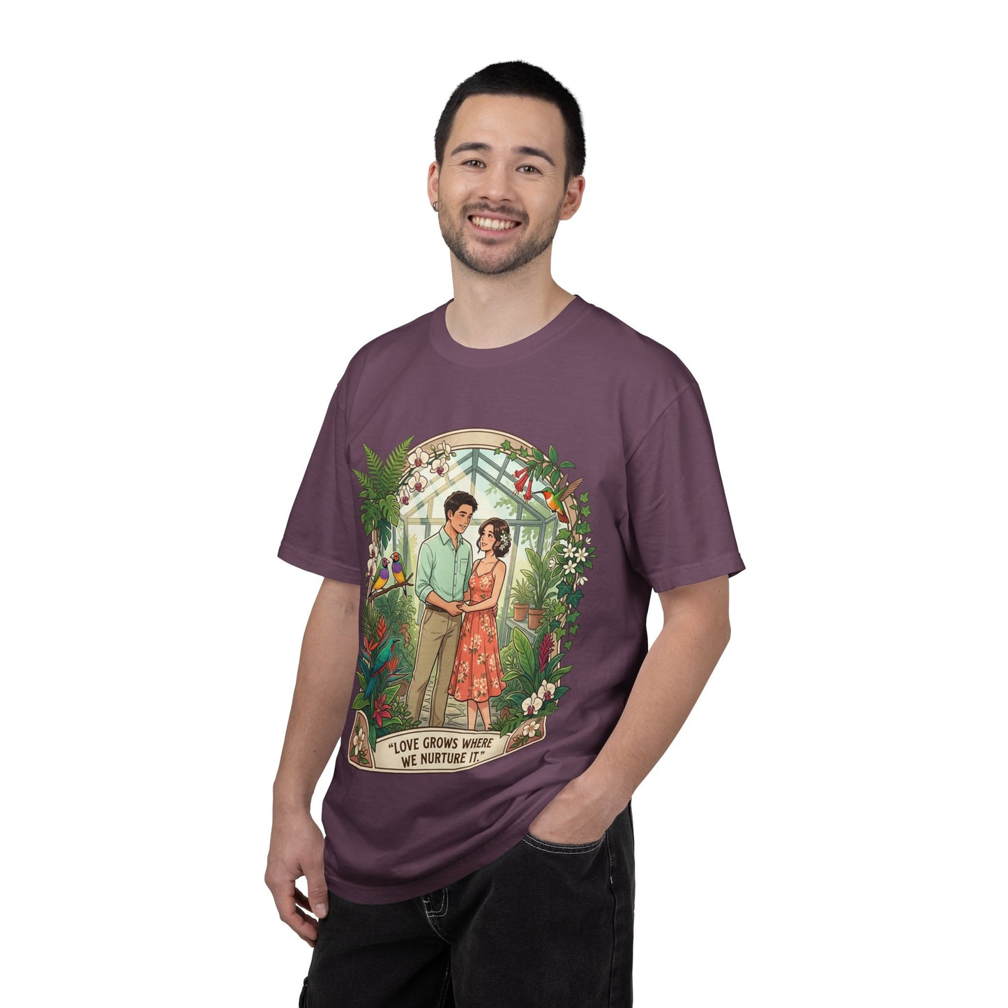 Romantic Greenhouse Couples T-Shirt — “Love Grows Where We Nurture It”