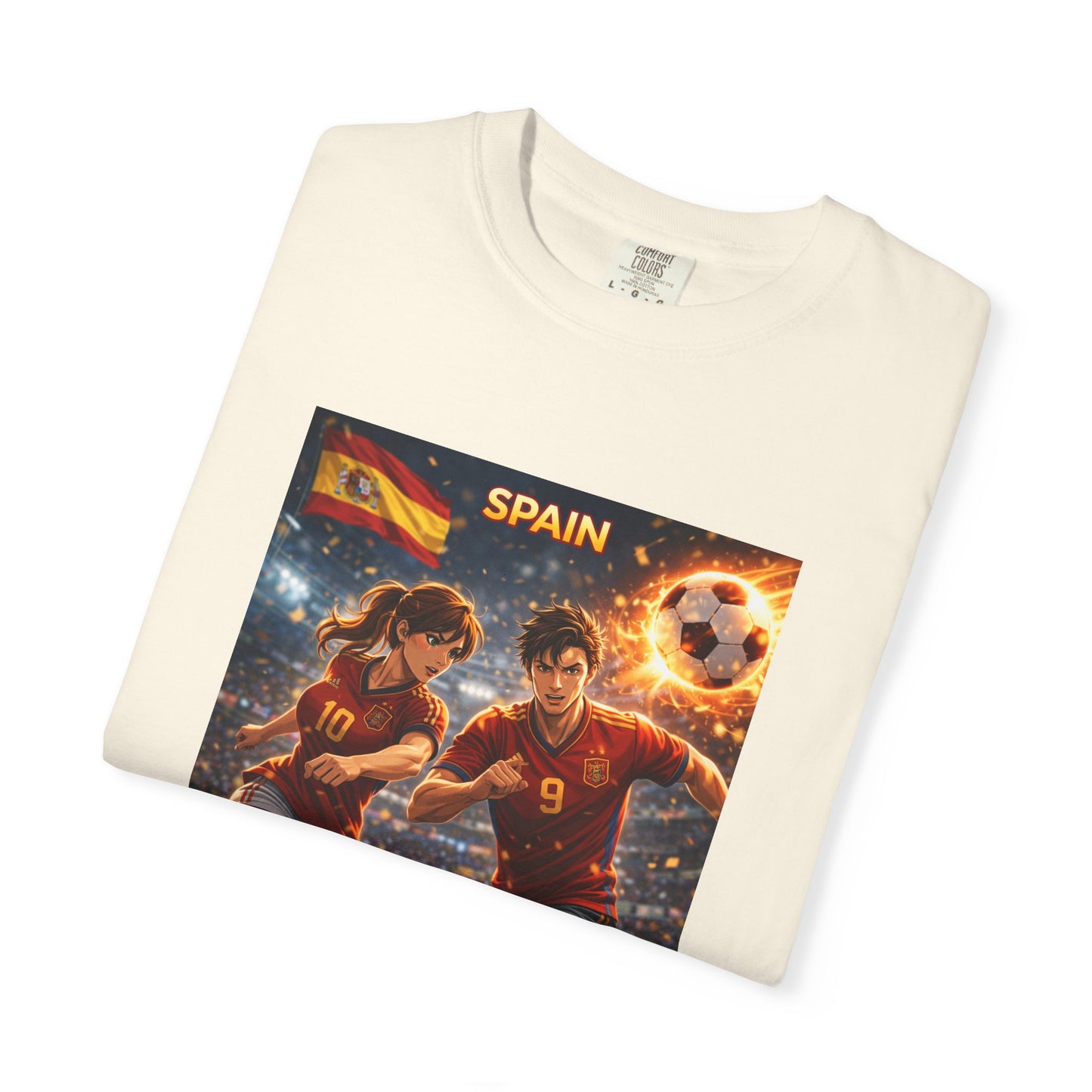 Spain Soccer Graphic T-Shirt — Retro Match Scene with Flag