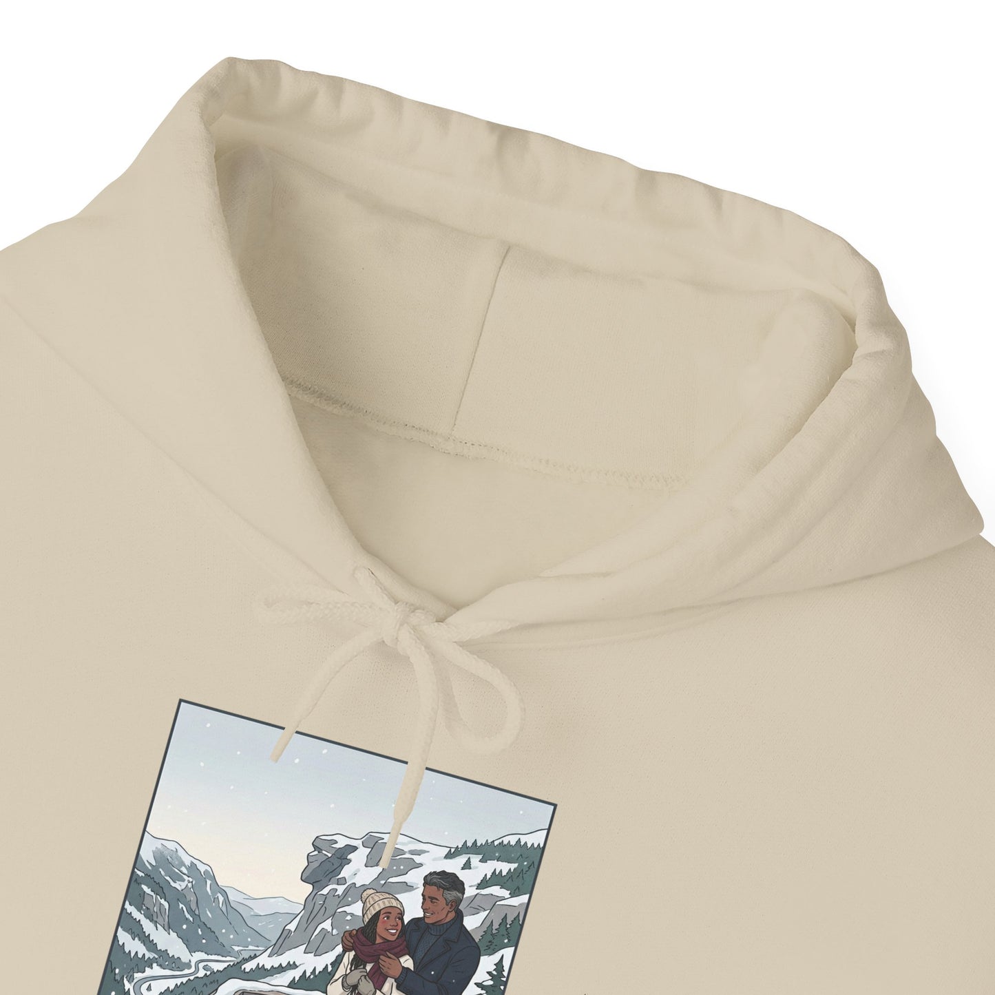 Winter Couple Photo Hoodie — Vintage Alps Travel Graphic Sweatshirt