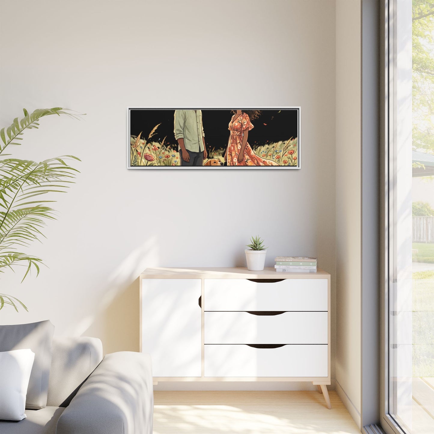 Framed Matte Canvas Print — Romantic Couple in Wildflower Field (Multi‑Color)