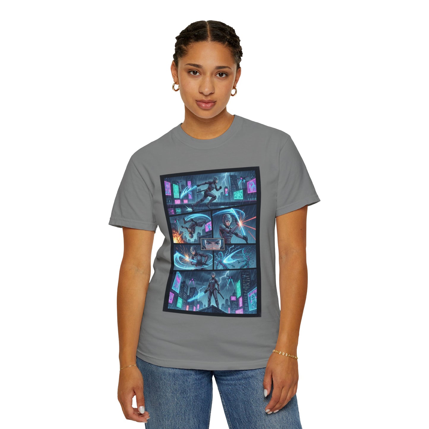 Cyberpunk Girl Samurai T-Shirt — Neon Manga Panel Graphic Tee