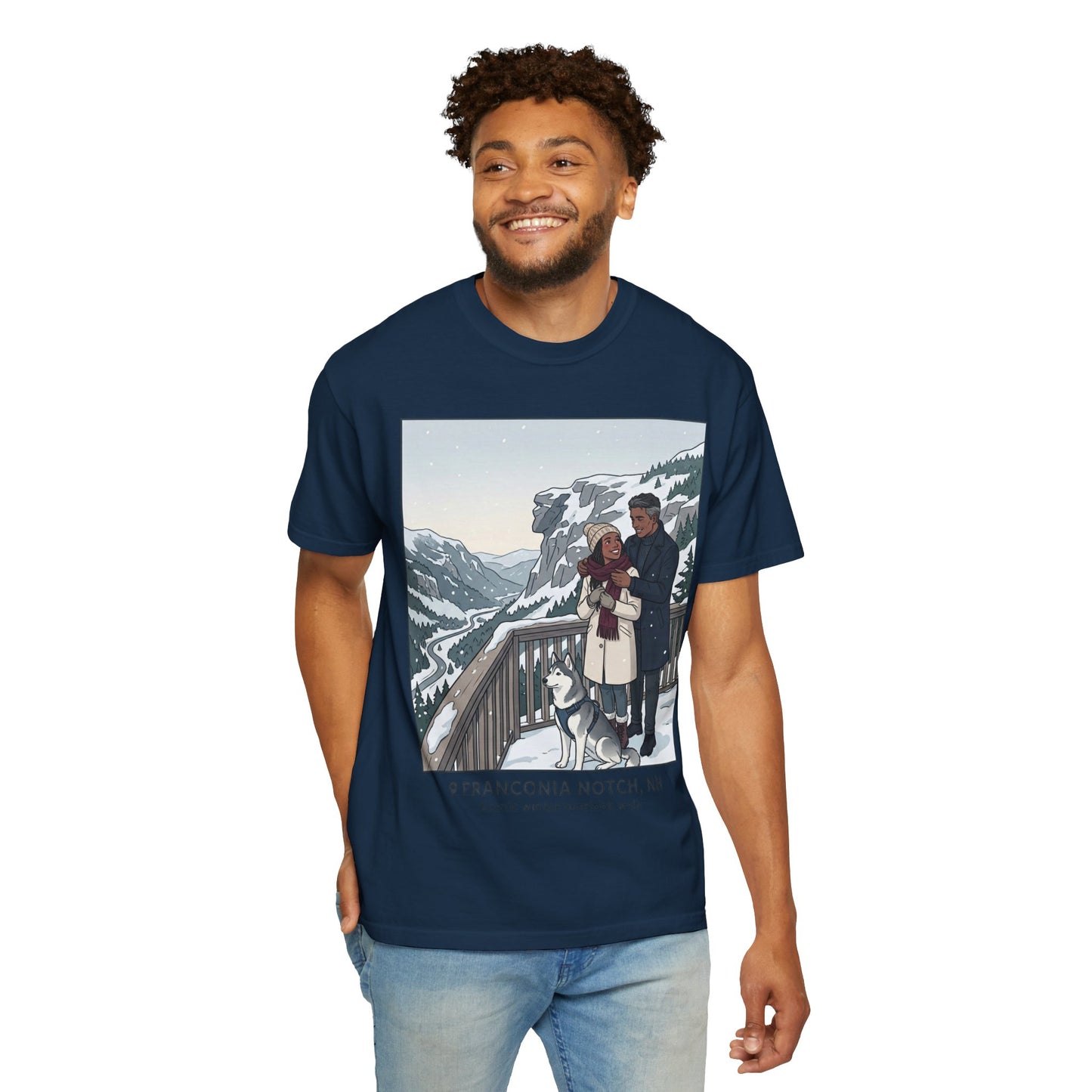Franconia Notch NH Winter View T-Shirt — Scenic Couple & Husky Travel Tee