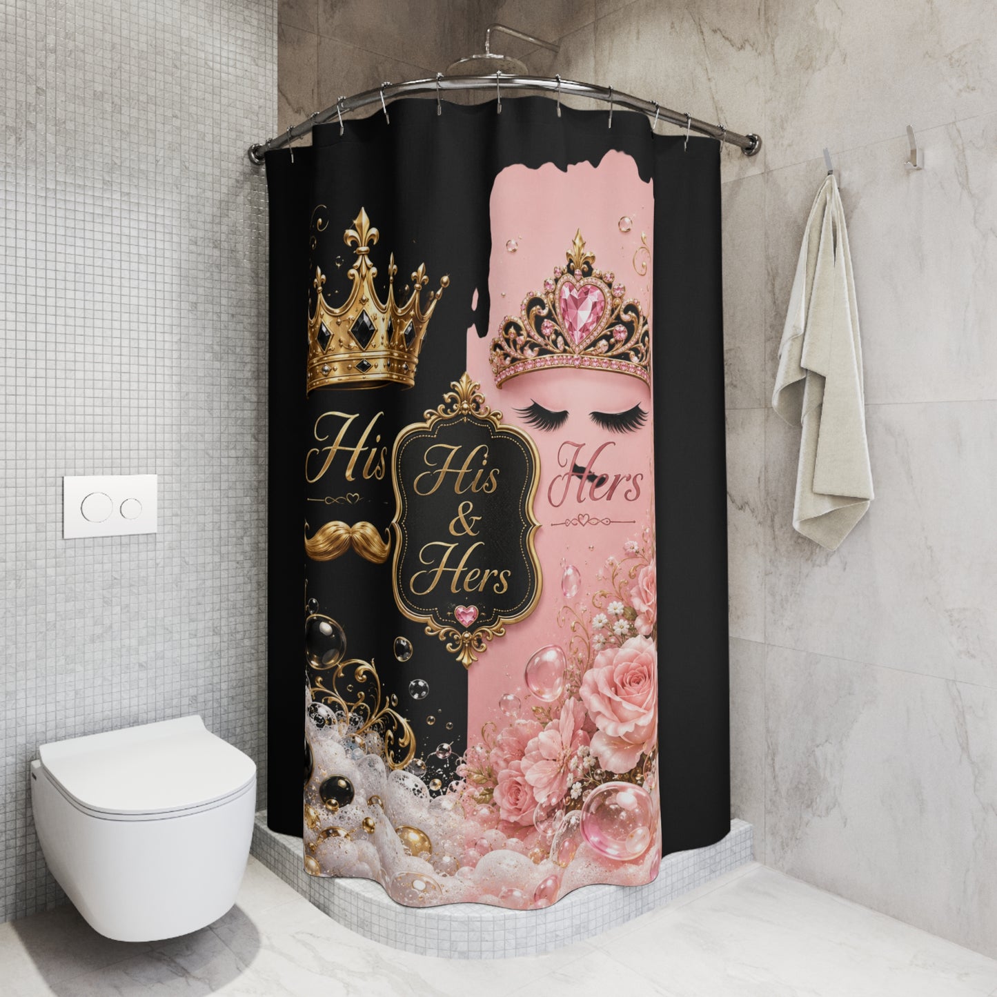 His & Hers Royal Crown Shower Curtain – Pink and Black Couples Bathroom Decor