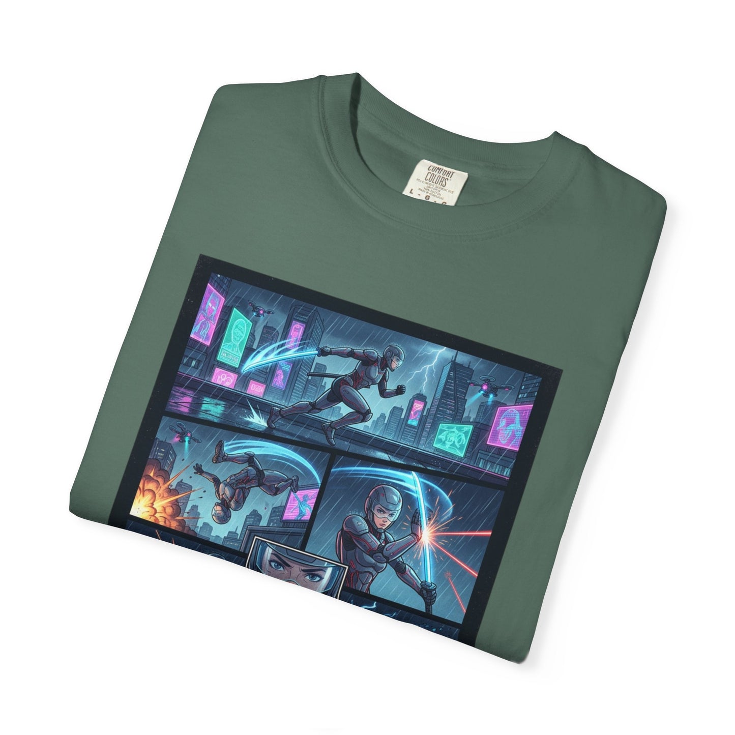 Cyberpunk Girl Samurai T-Shirt — Neon Manga Panel Graphic Tee