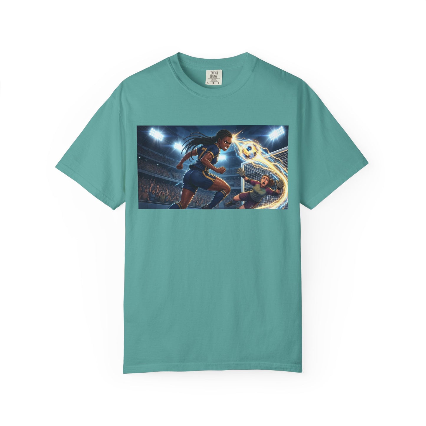 Soccer Duel Graphic T-Shirt — Futuristic Goalkeeper vs Striker Stadium Print