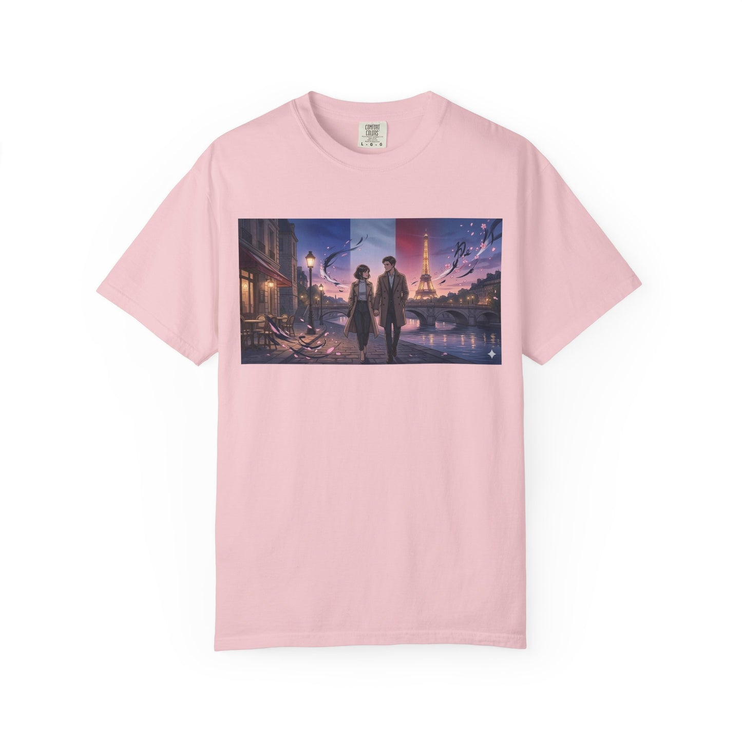 Couple Walking, Eiffel Tower - T-Shirt — Romantic Paris Nightscape Graphic Tee