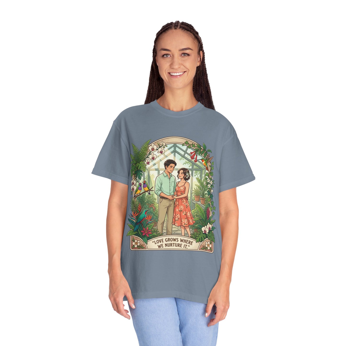 Romantic Greenhouse Couples T-Shirt — “Love Grows Where We Nurture It”