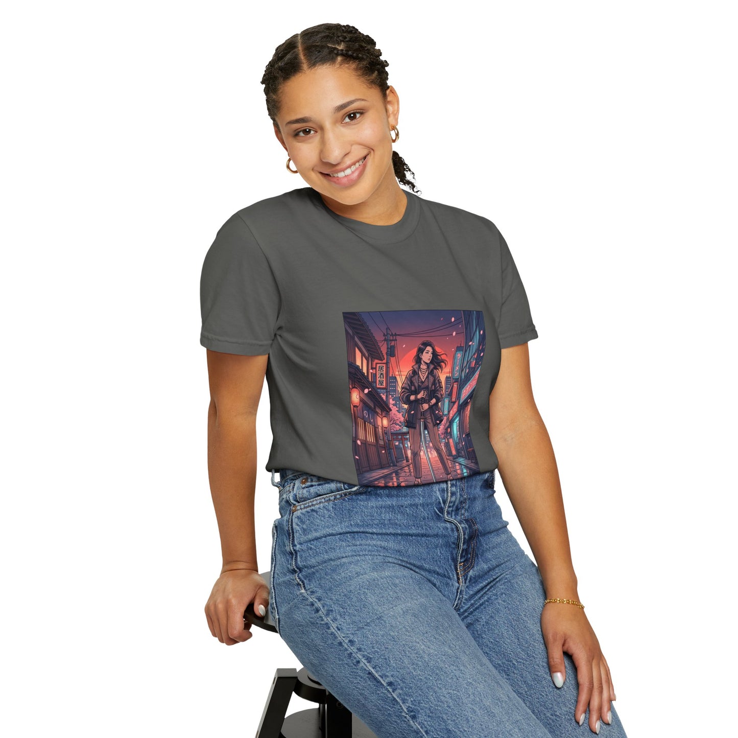 Cyberpunk Night Streets T‑Shirt — Neon Samurai Girl Graphic Tee