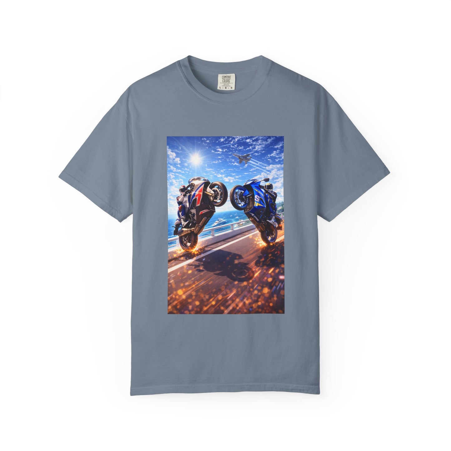 Stunt Riders Motorcycle T-Shirt — Two Bike Wheelie Racing Graphic Tee