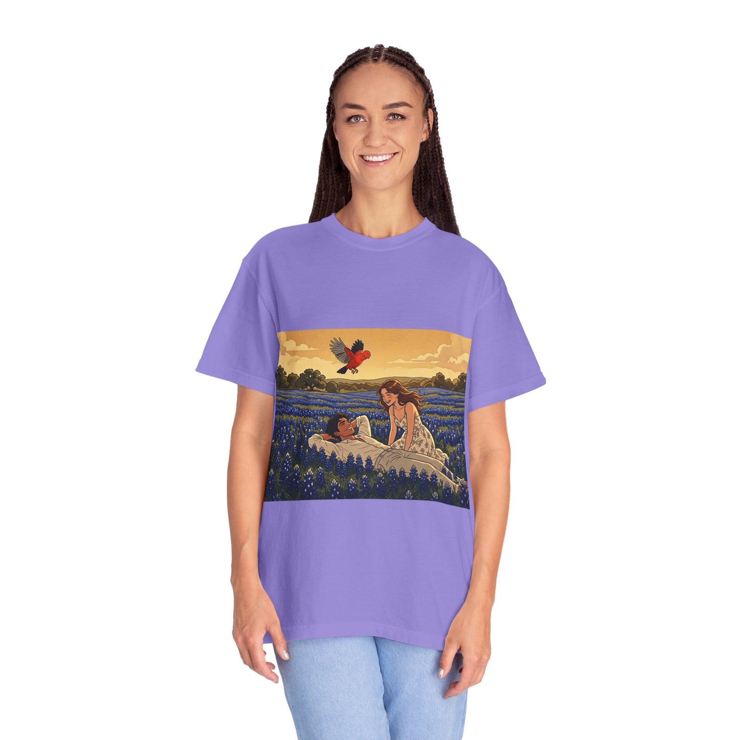 Romantic Bluebonnet Field T-Shirt — Couple in Wildflower Meadow Art Tee