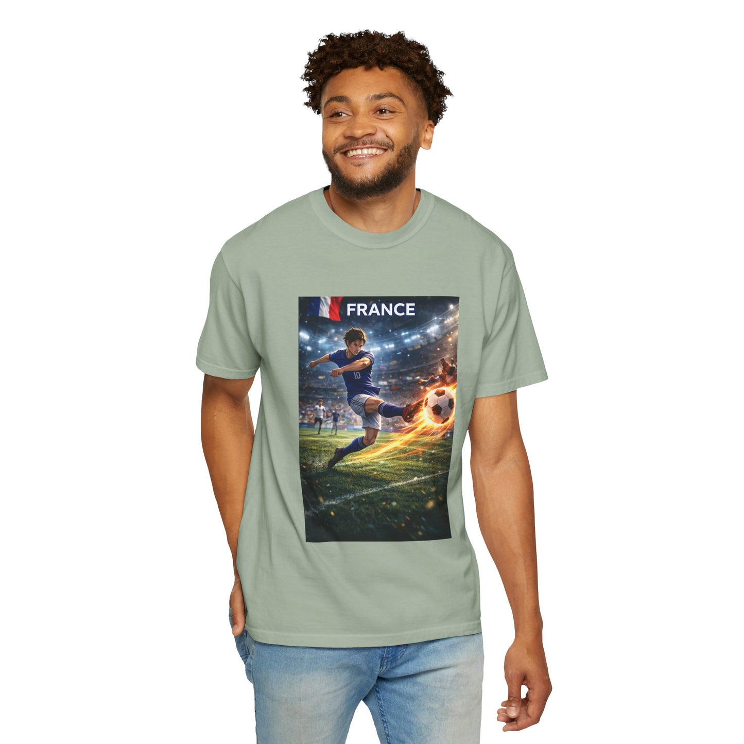 France Soccer Player Graphic T-Shirt — Football Kick Stadium Design