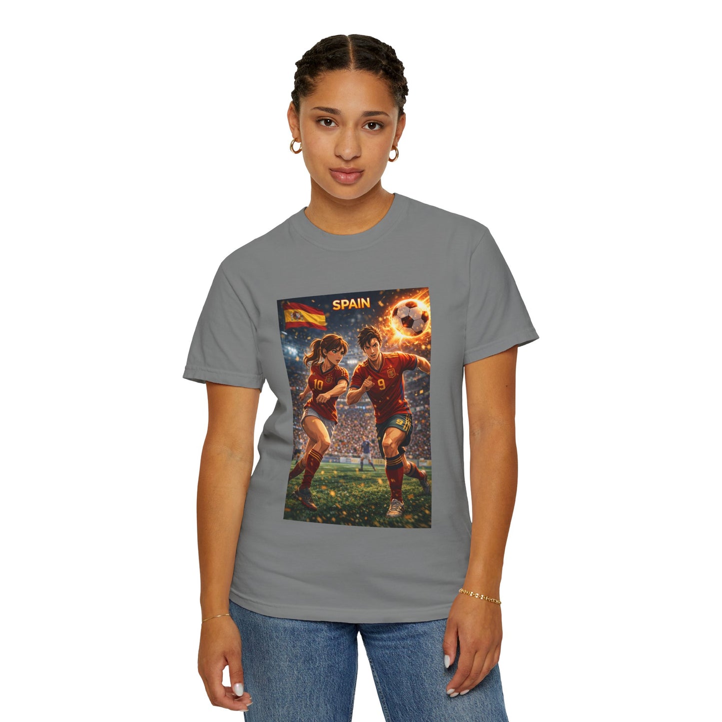 Spain Soccer Graphic T-Shirt — Retro Match Scene with Flag