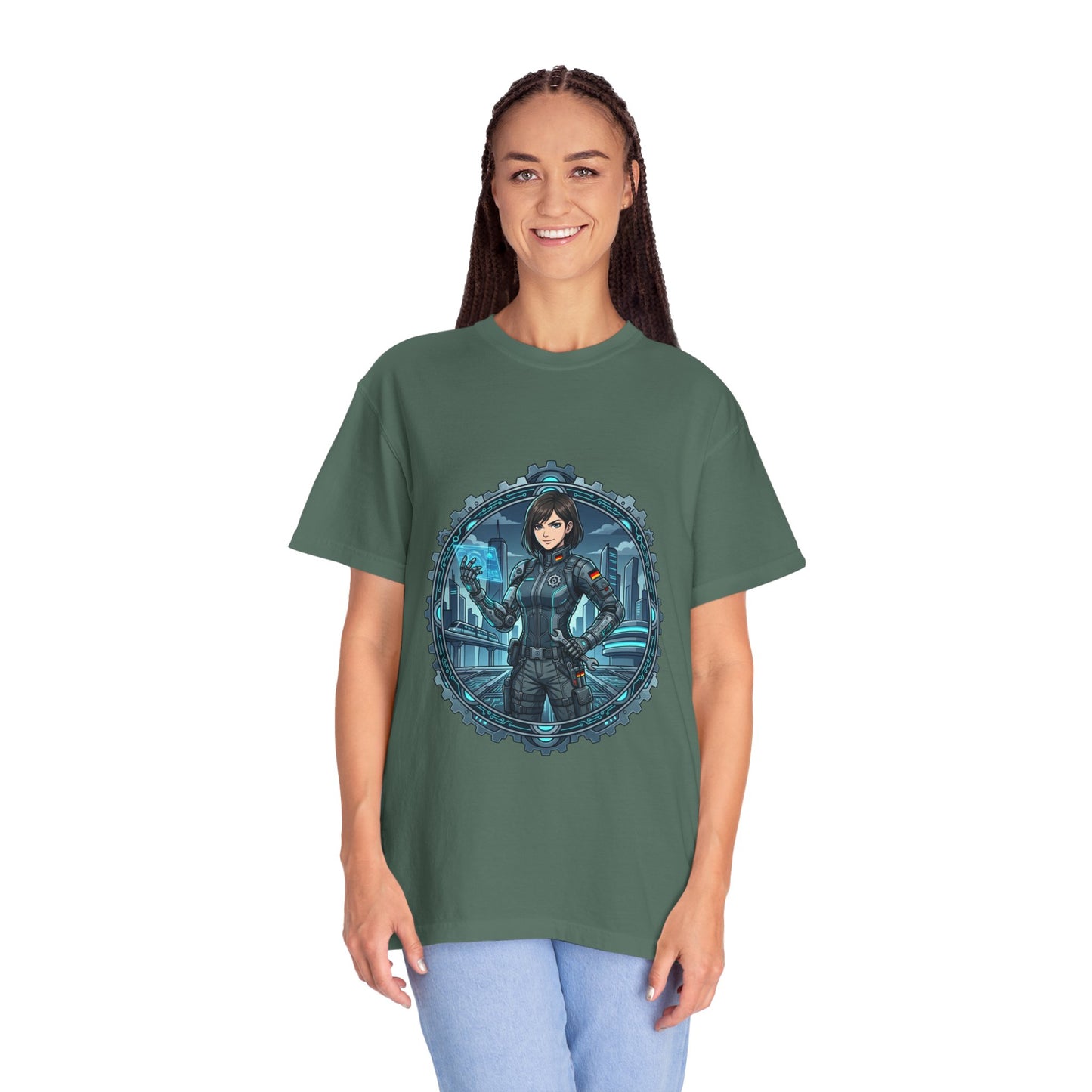 Cyber Ninja Graphic T-Shirt — Futuristic Female Warrior Illustration