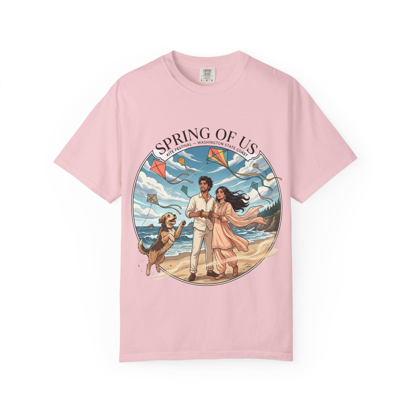 Spring of Us T-Shirt — Romantic Beach Couple Illustration with Dog