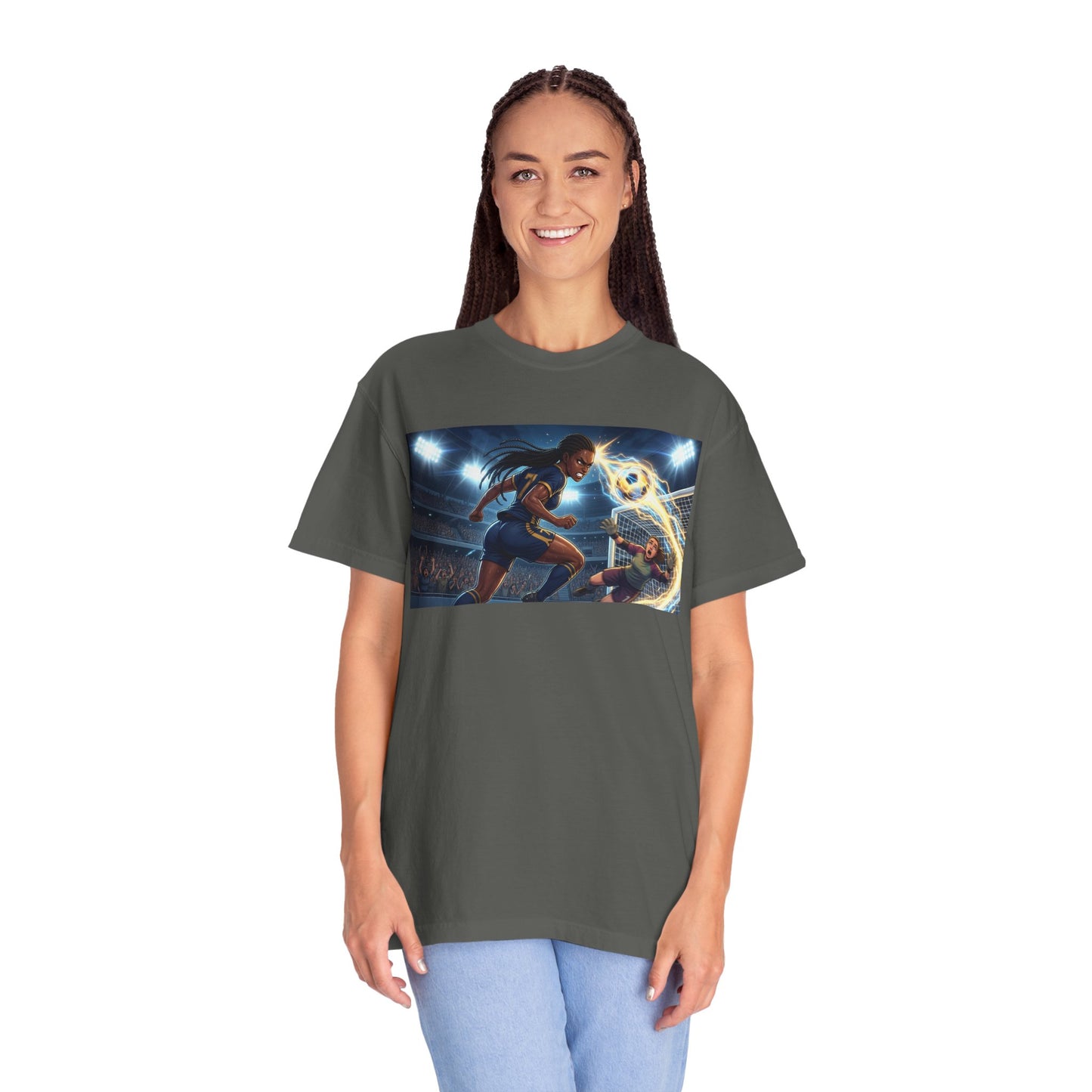 Soccer Duel Graphic T-Shirt — Futuristic Goalkeeper vs Striker Stadium Print