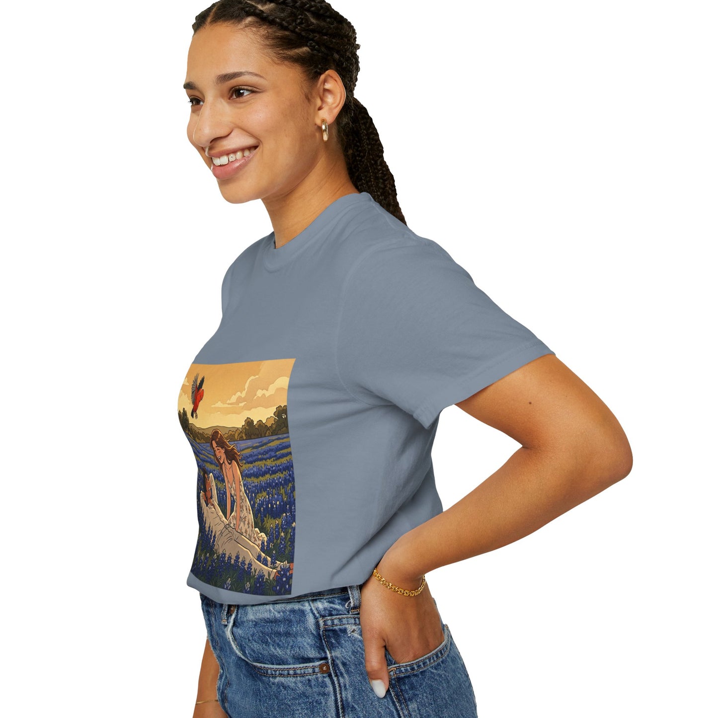 Romantic Bluebonnet Field T-Shirt — Couple in Wildflower Meadow Art Tee