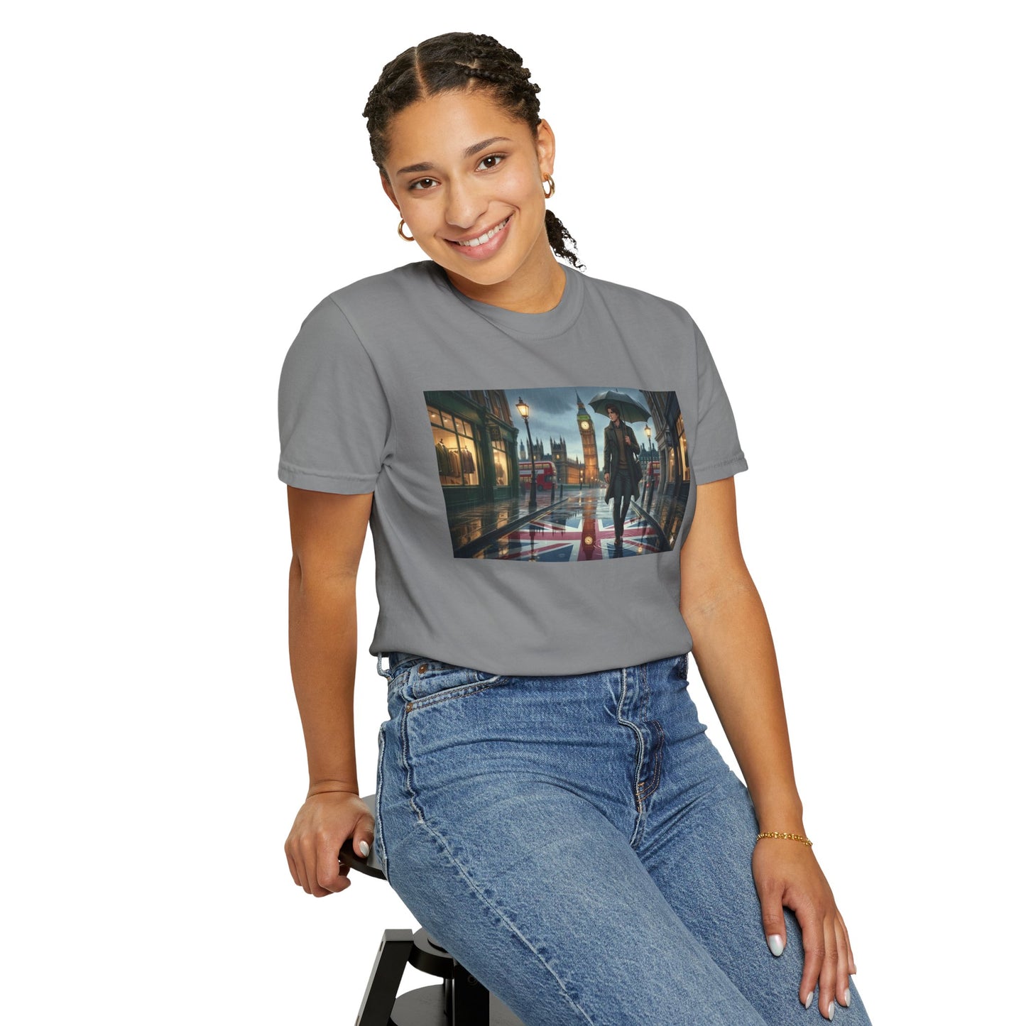 T-Shirt — Rainy London Street Scene Graphic Tee (Big Ben, Umbrella, Night Cityscape)