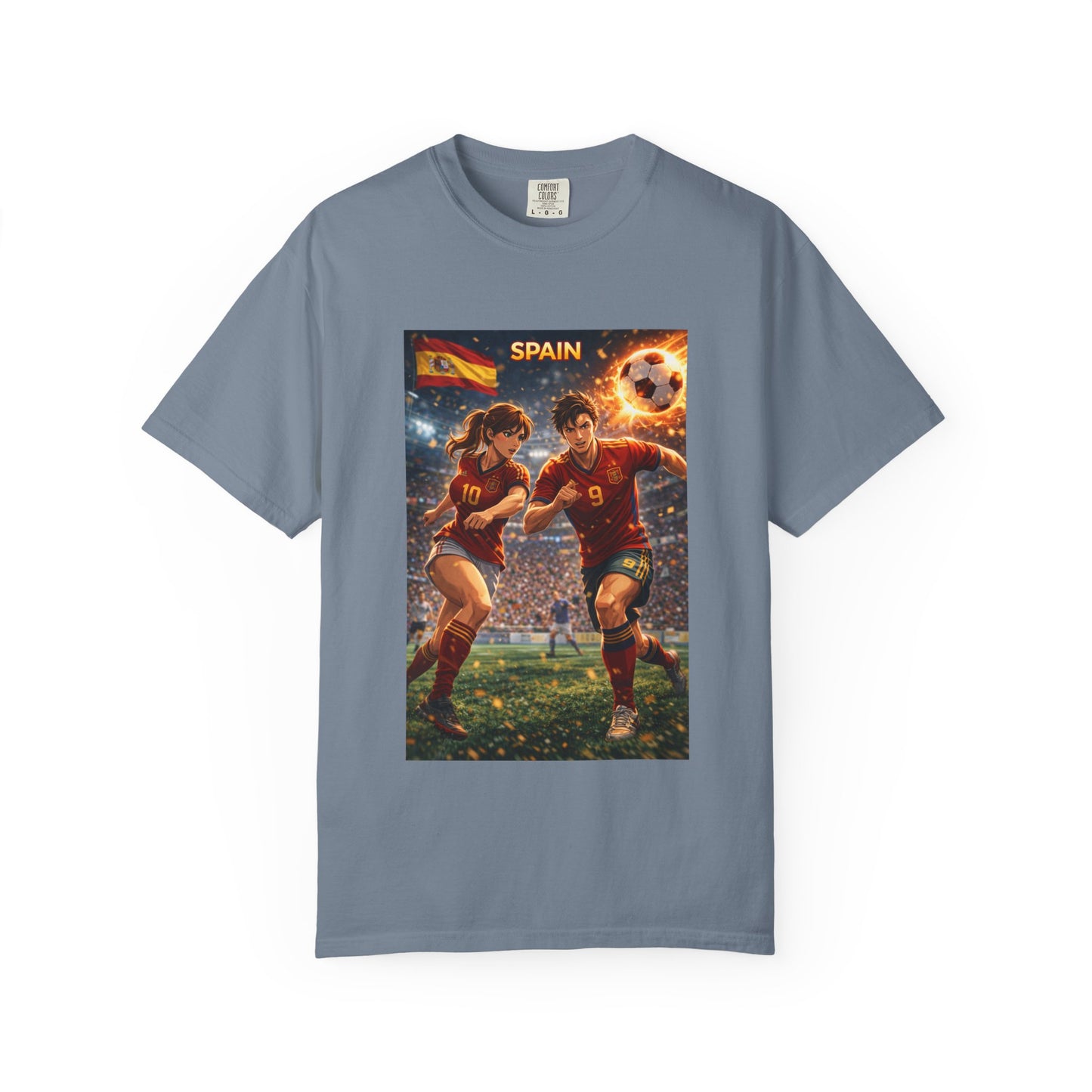 Spain Soccer Graphic T-Shirt — Retro Match Scene with Flag