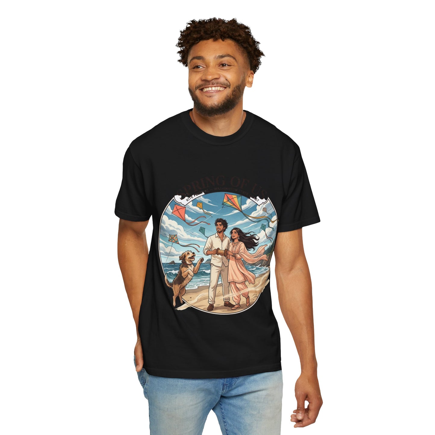 Spring of Us T-Shirt — Romantic Beach Couple Illustration with Dog