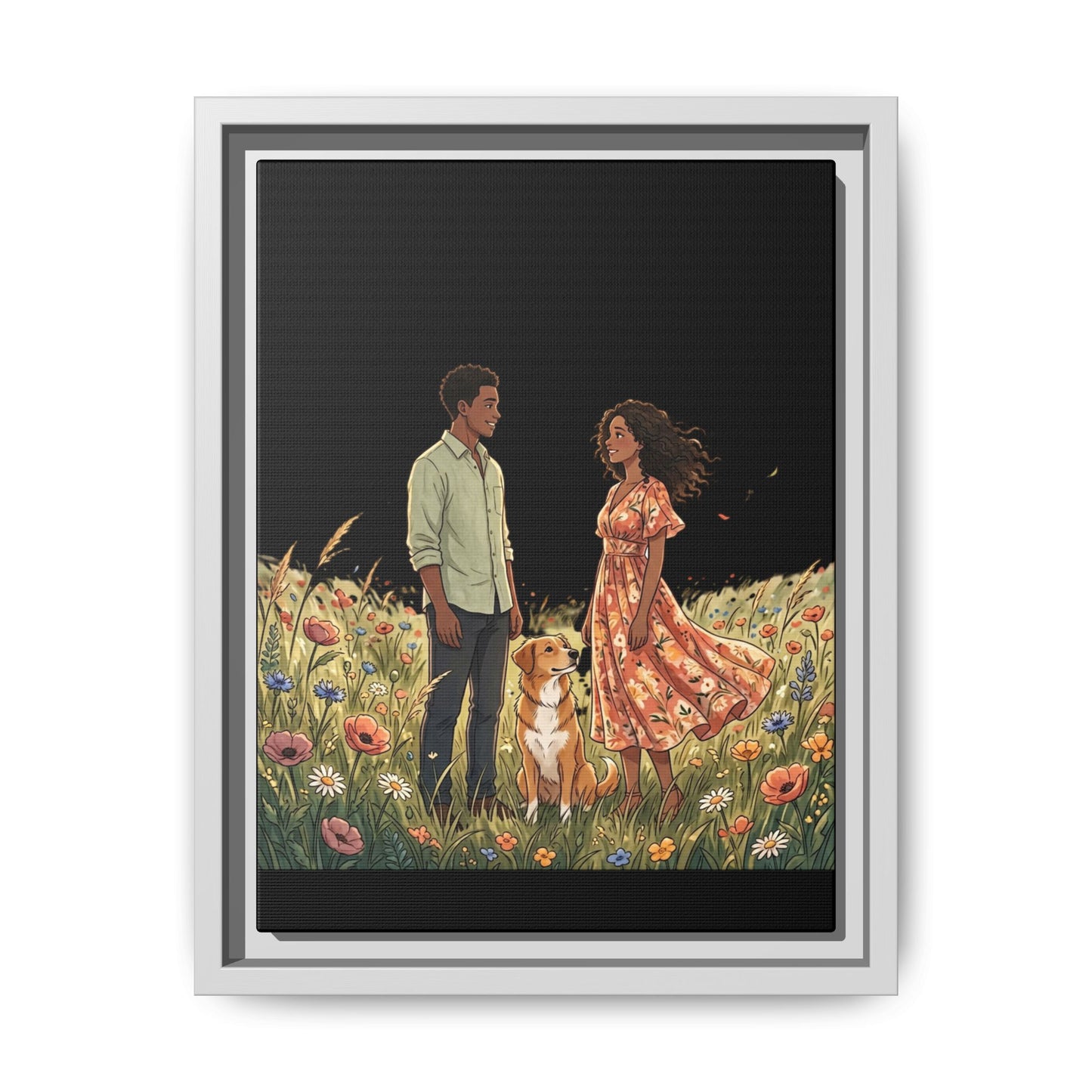 Framed Matte Canvas Print — Romantic Couple in Wildflower Field (Multi‑Color)