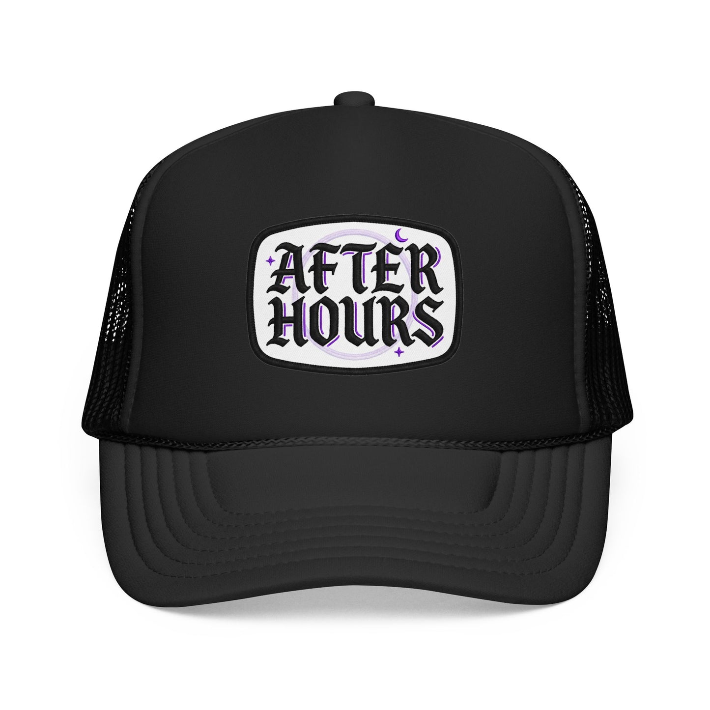 After Hours Foam Trucker Hat – Retro Gothic Embroidered Patch Cap