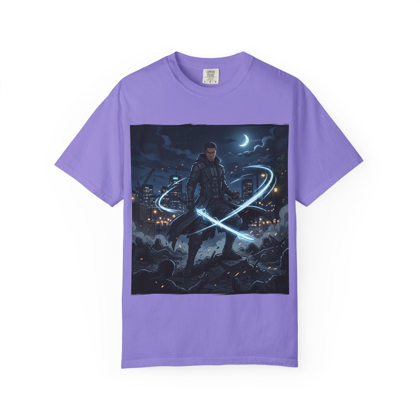 Urban Night Warrior T-Shirt — Neon Samurai Cityscape