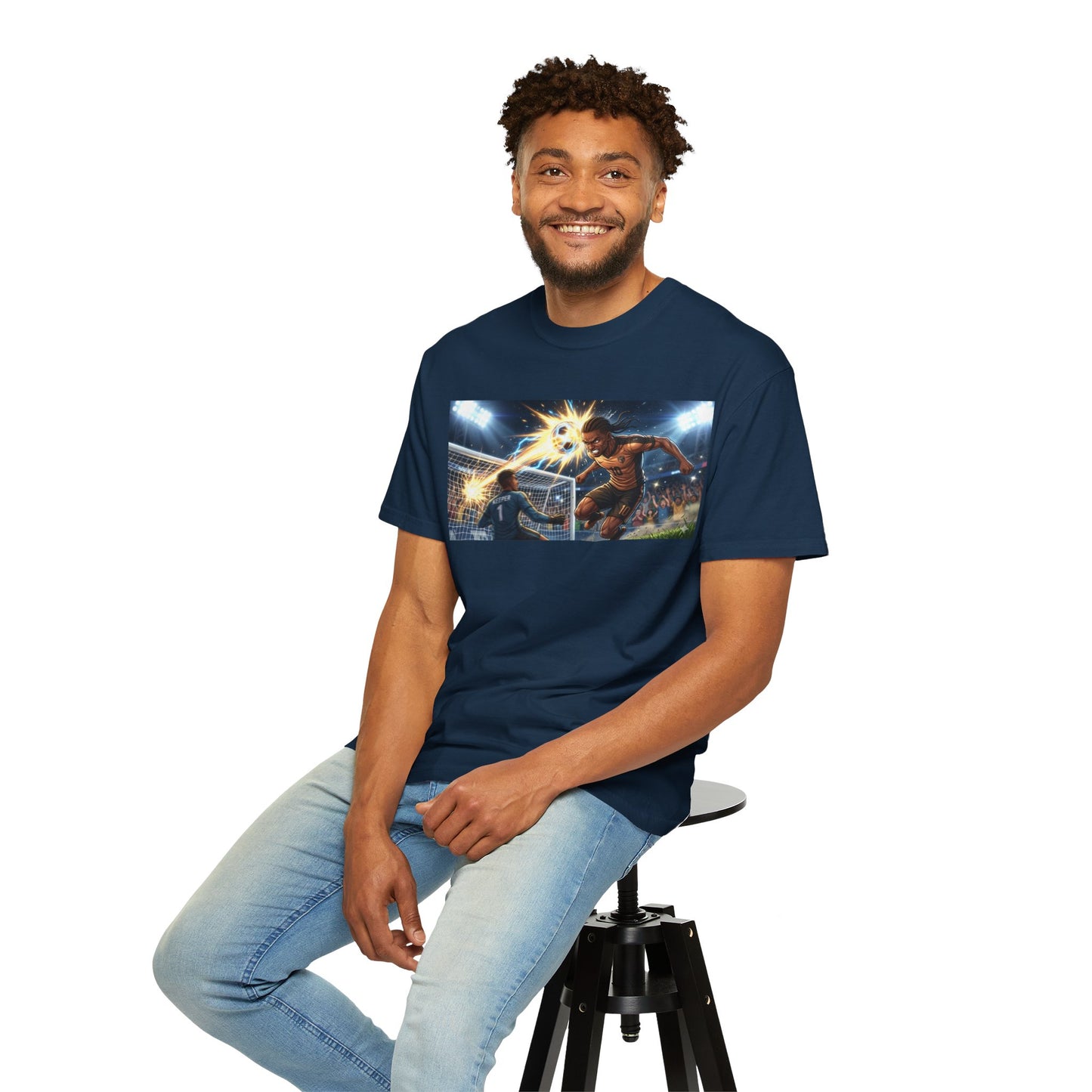 Soccer Goal Celebration T-Shirt — Action Football Scene Graphic Tee