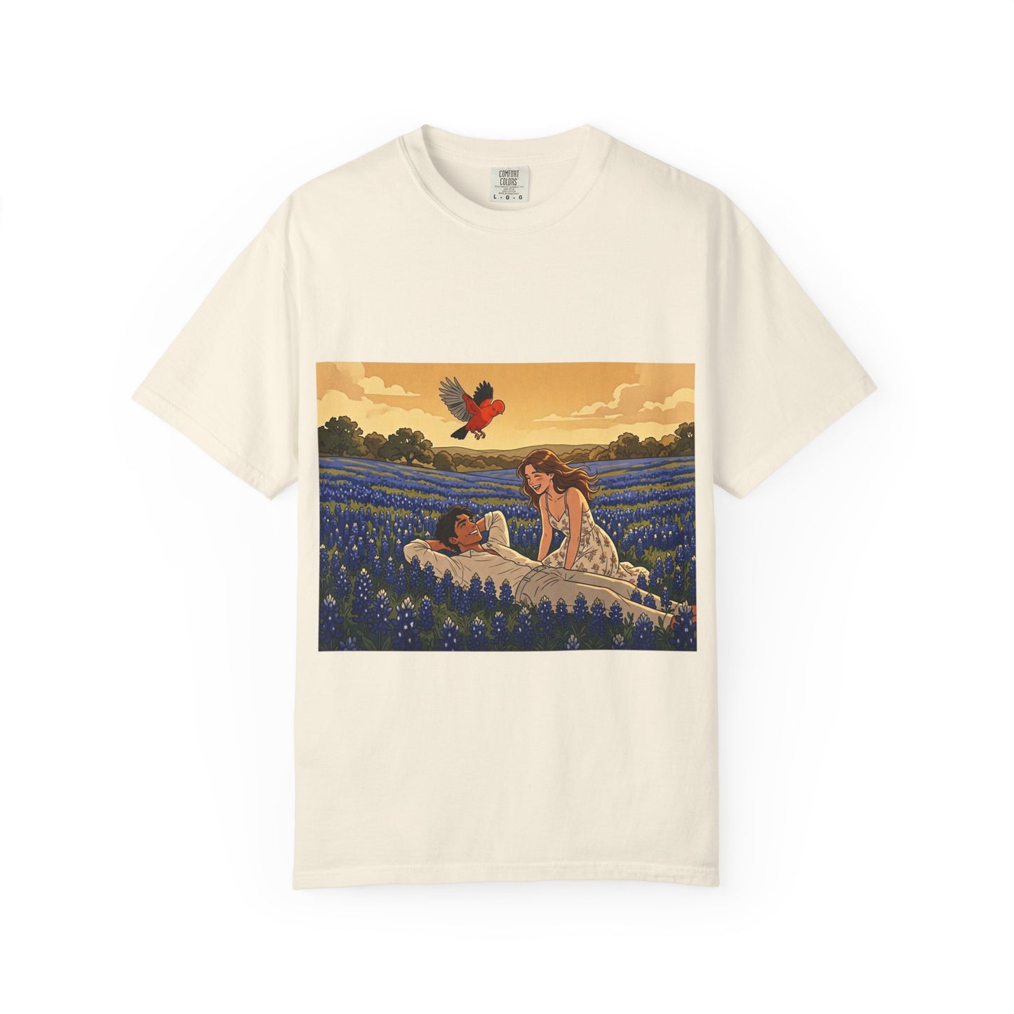 Romantic Bluebonnet Field T-Shirt — Couple in Wildflower Meadow Art Tee