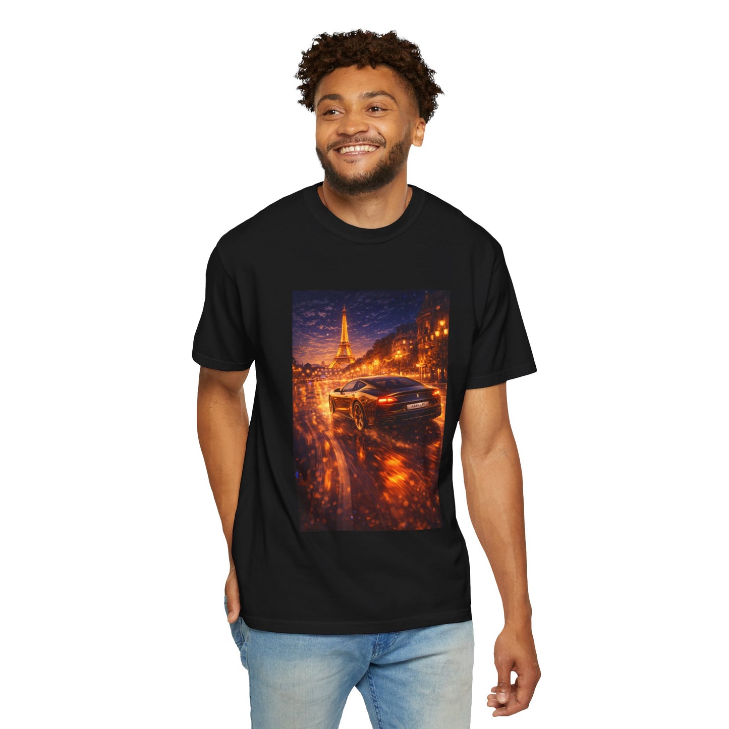 Paris Night Drive T-Shirt — Sports Car in Rainy Cityscape