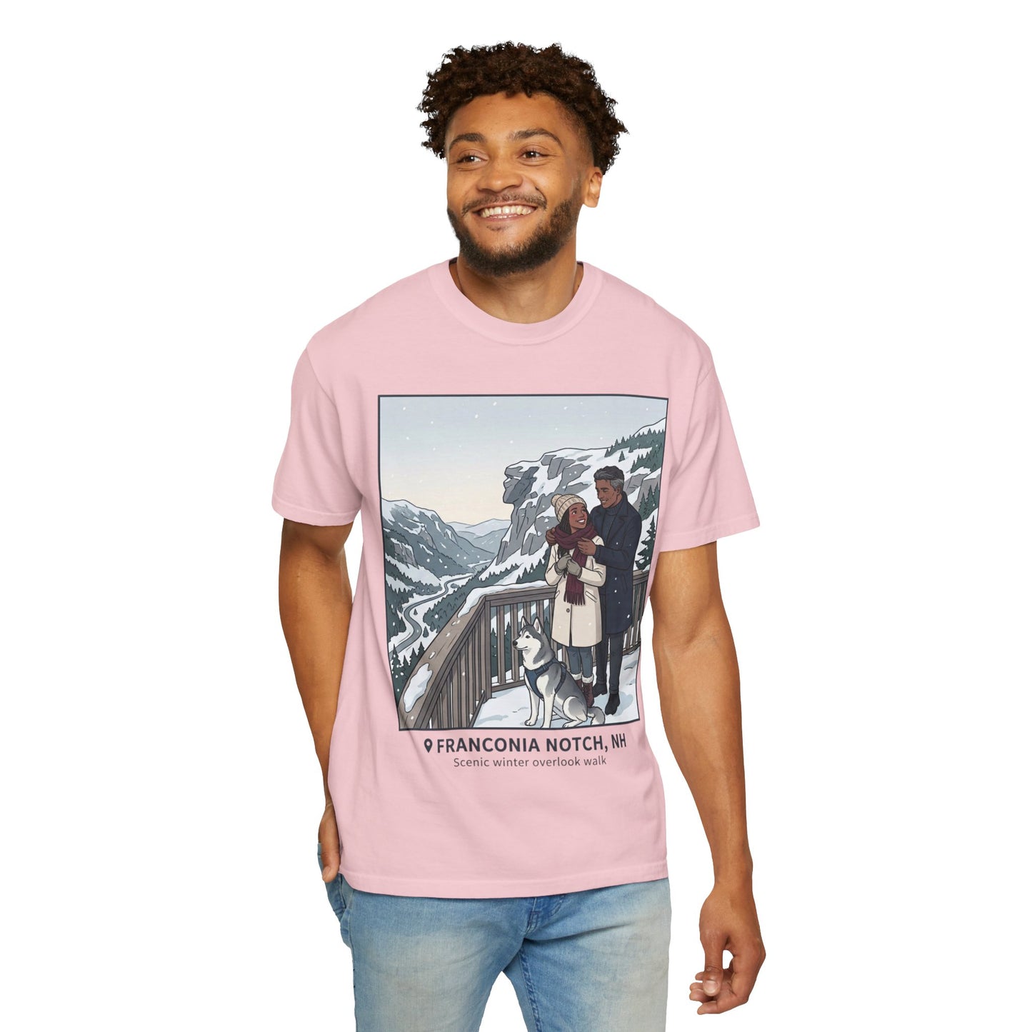 Franconia Notch NH Winter View T-Shirt — Scenic Couple & Husky Travel Tee