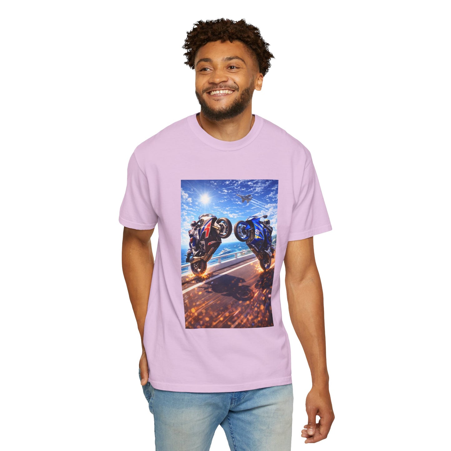 Stunt Riders Motorcycle T-Shirt — Two Bike Wheelie Racing Graphic Tee