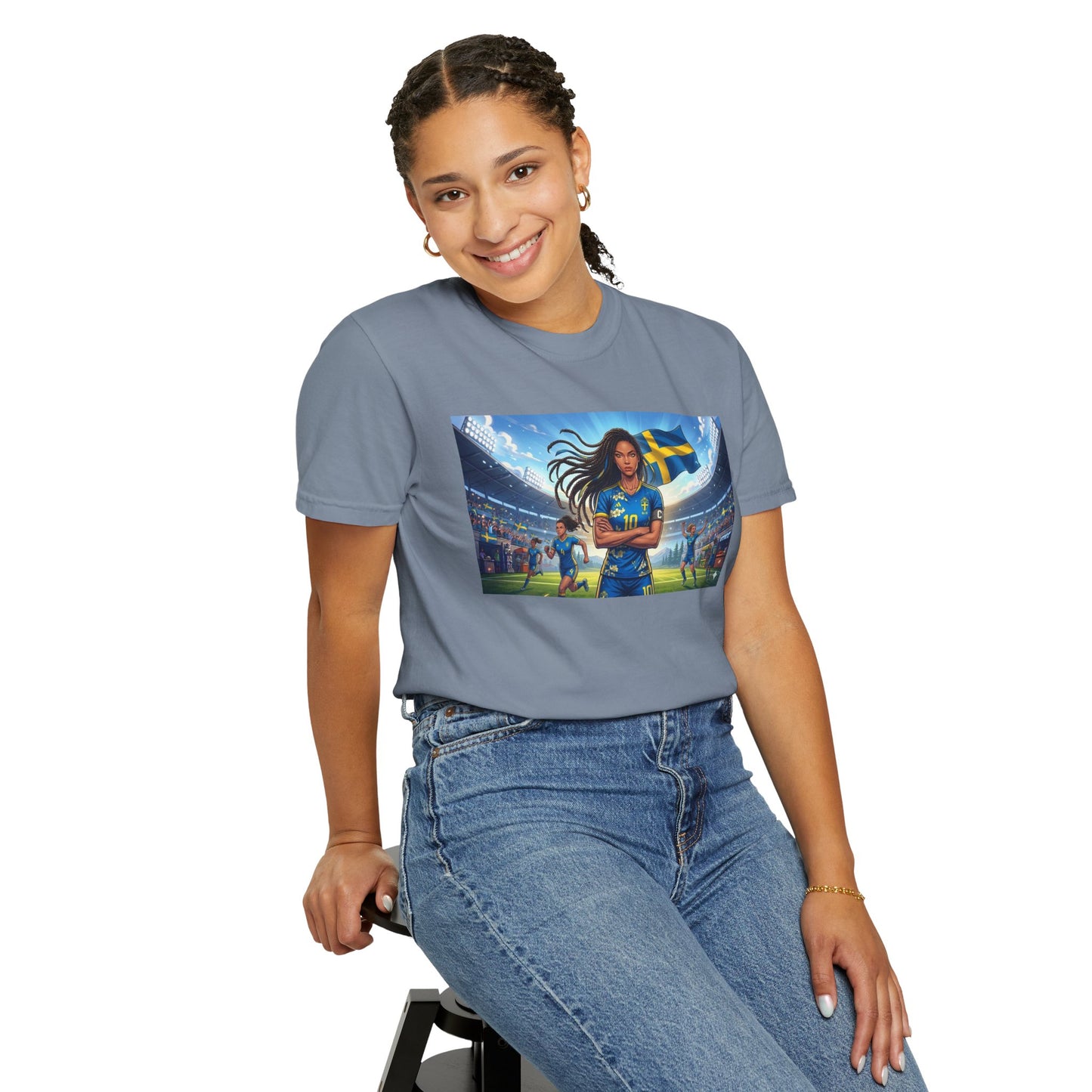 Swedish Soccer Pride T-Shirt — Female Footballer with Flag Stadium Design