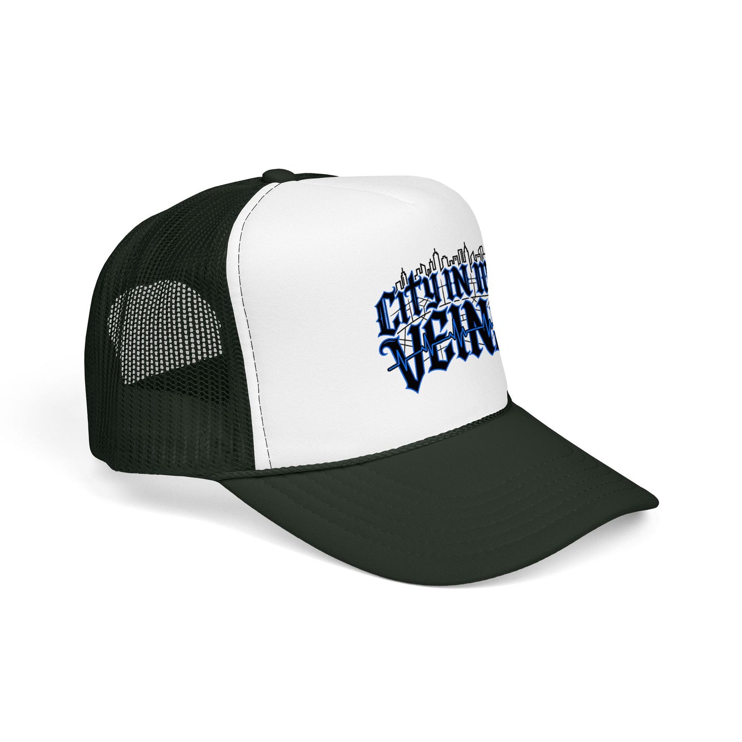 City In My Veins Foam Trucker Hat — Urban Gothic Blue Embroidered Cap