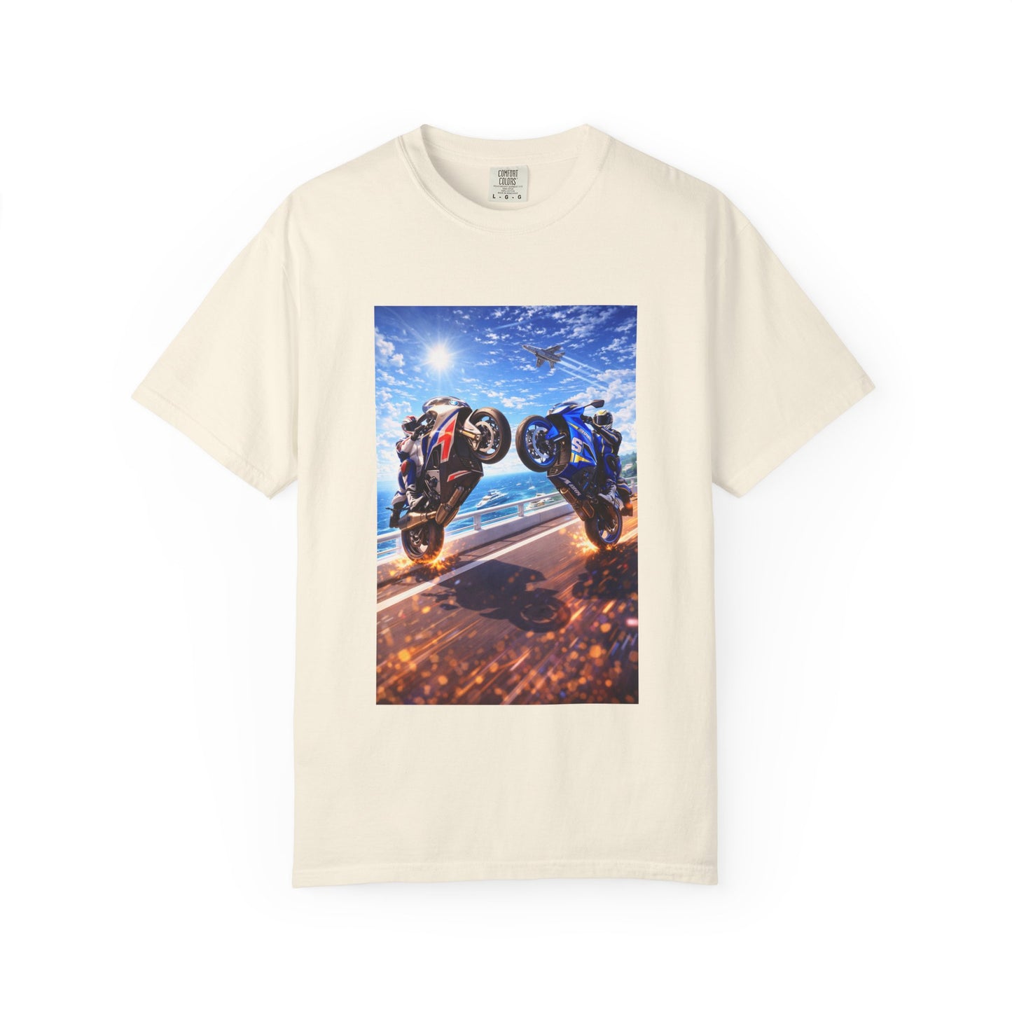 Stunt Riders Motorcycle T-Shirt — Two Bike Wheelie Racing Graphic Tee