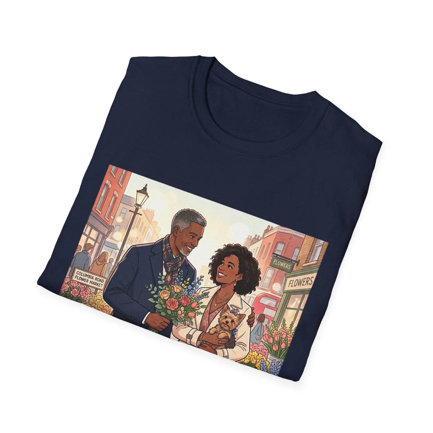 Romantic City Stroll T-Shirt — Couple Bouquet Illustration